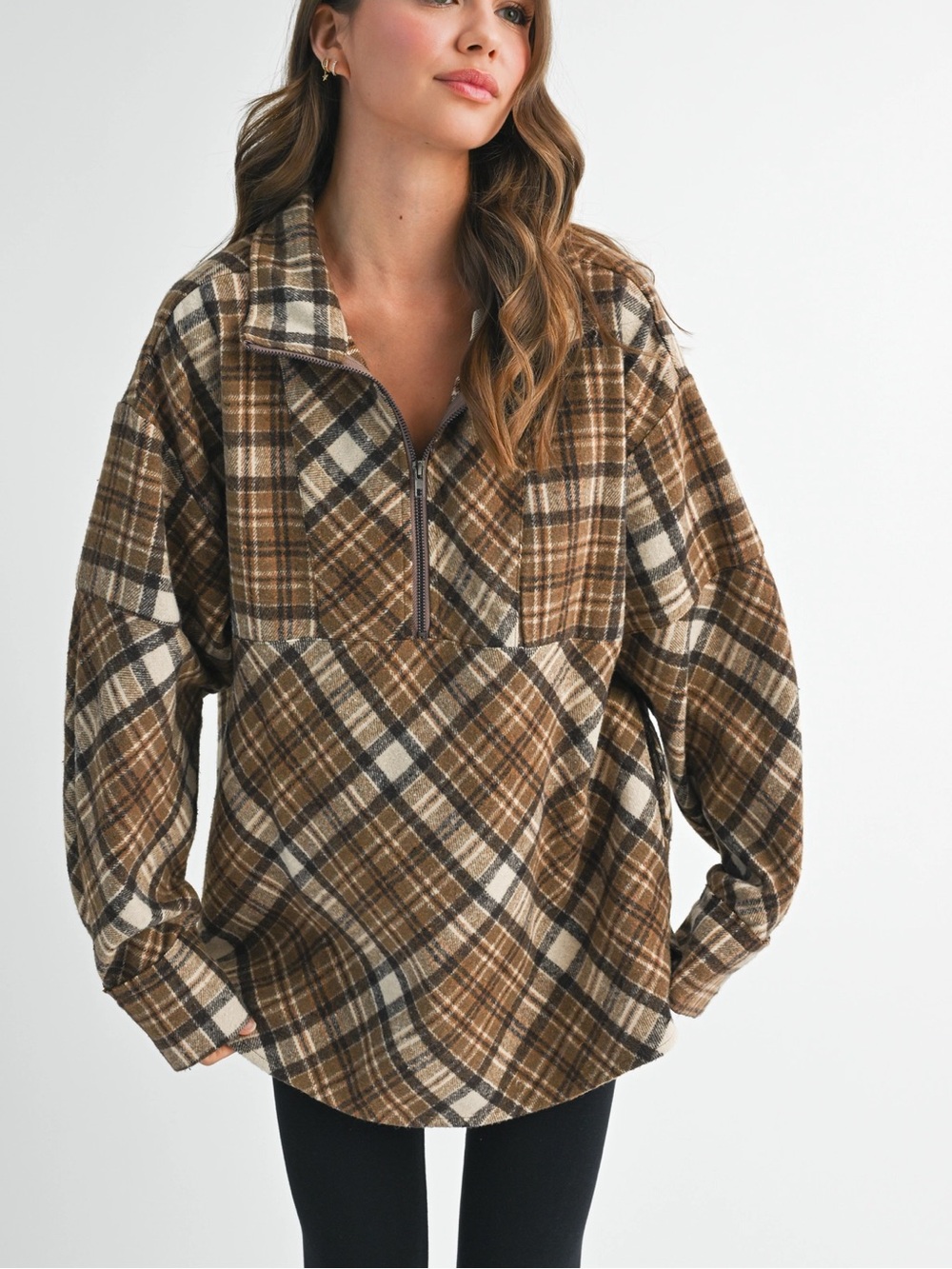 Plaid Half-Zip Bomber Jacket - Brown